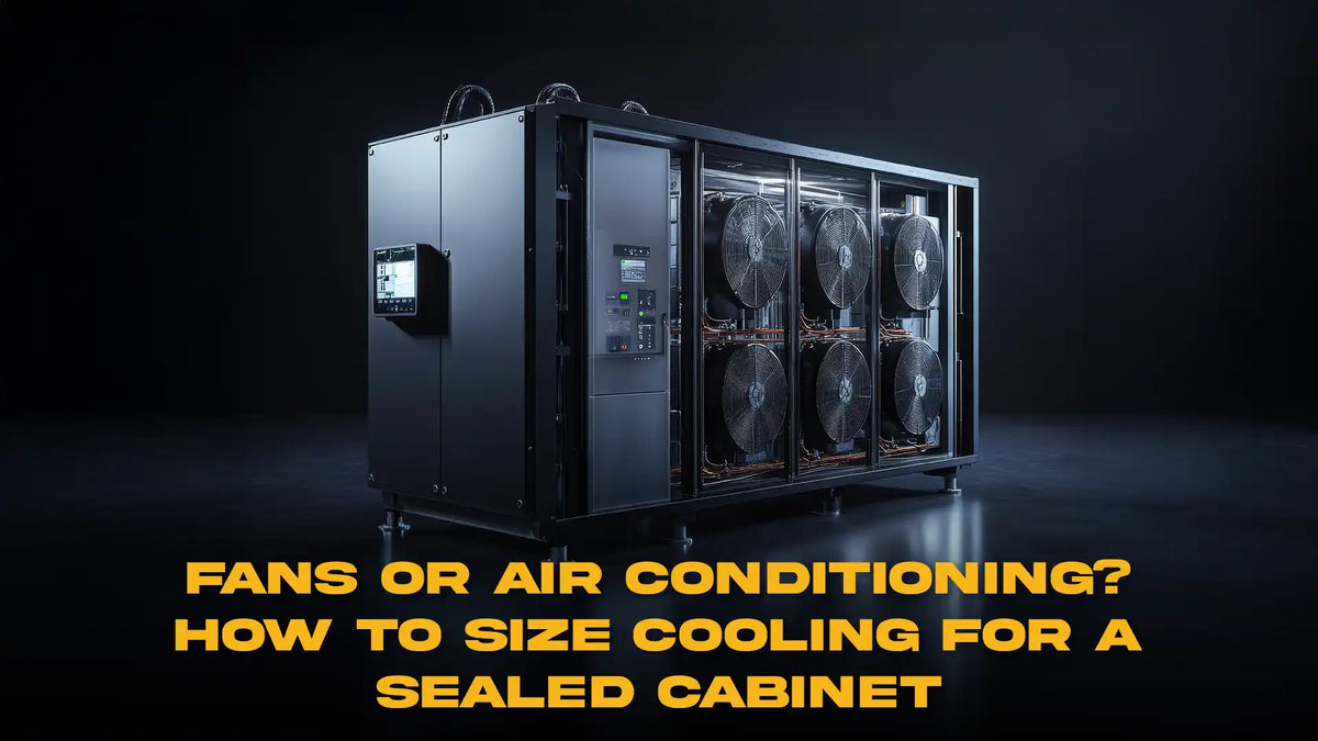 Sealed outdoor cabinet with cooling fans illustrating fans vs air conditioning for enclosure cooling