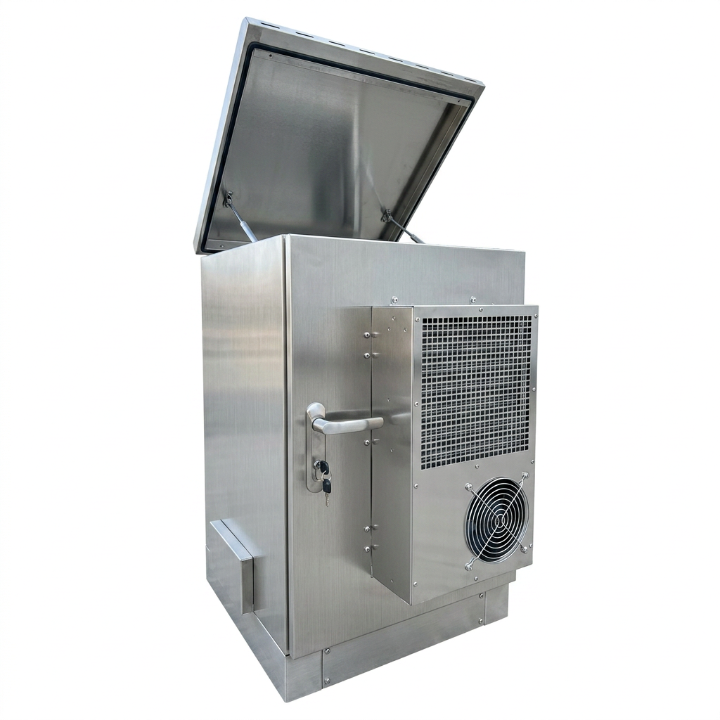 Side view of a 16U stainless steel network cabinet with air conditioner