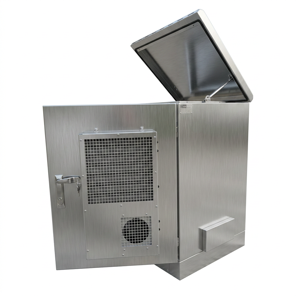 16U stainless steel network cabinet with open lid and ventilation panel
