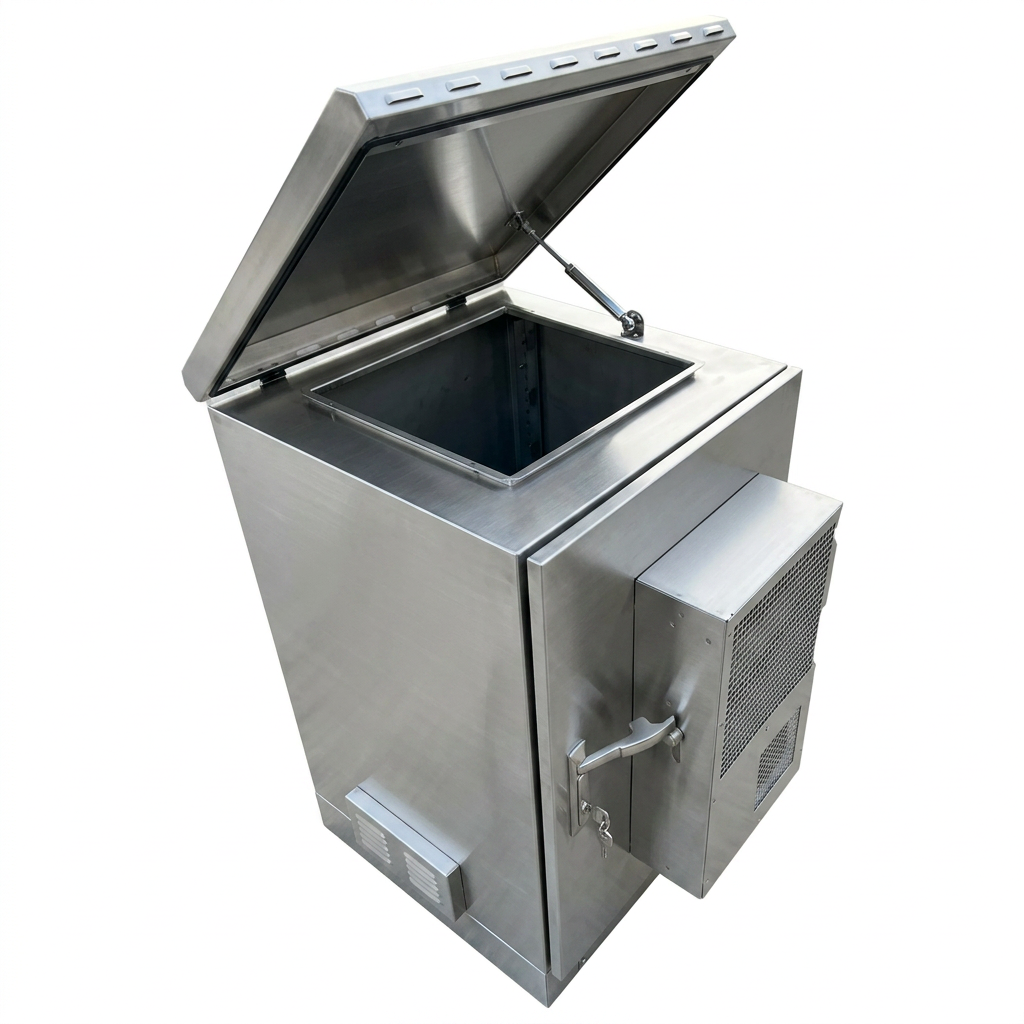 20U stainless steel network cabinet with open lid revealing interior layout