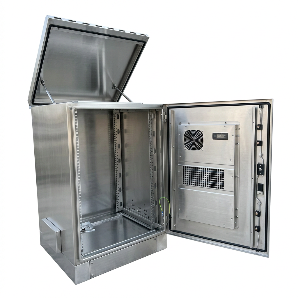 20U stainless steel network cabinet with open lid and door showing interior