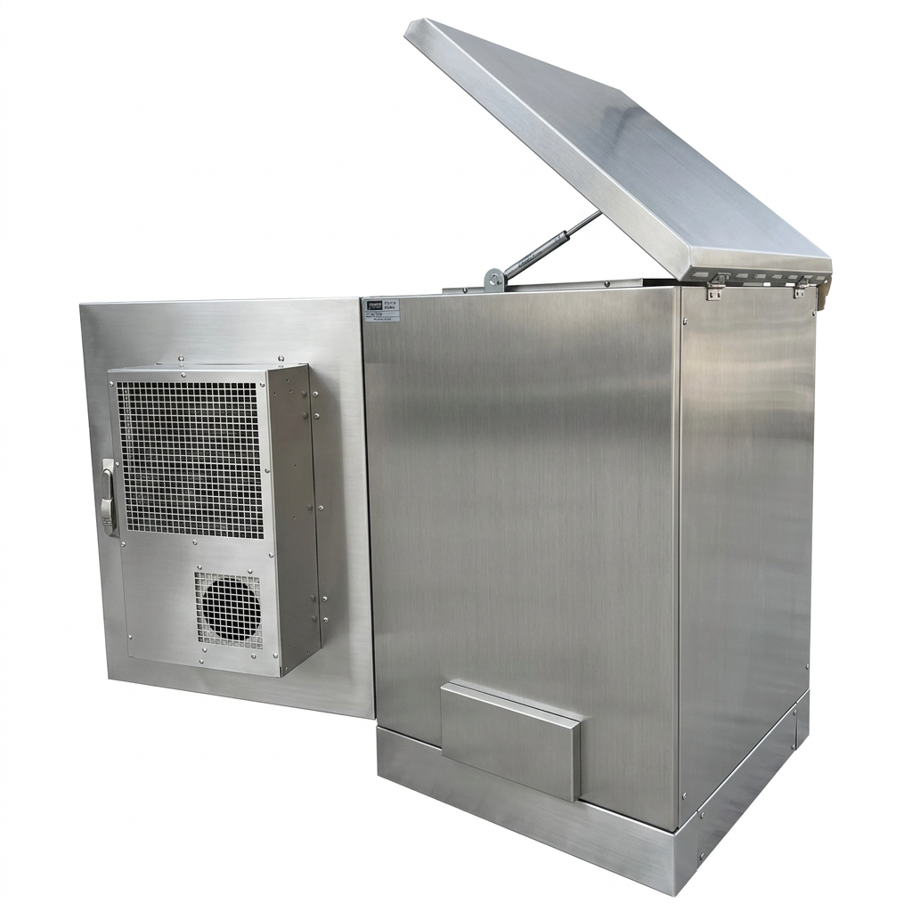 Side view of a 26U stainless steel network cabinet with air conditioner