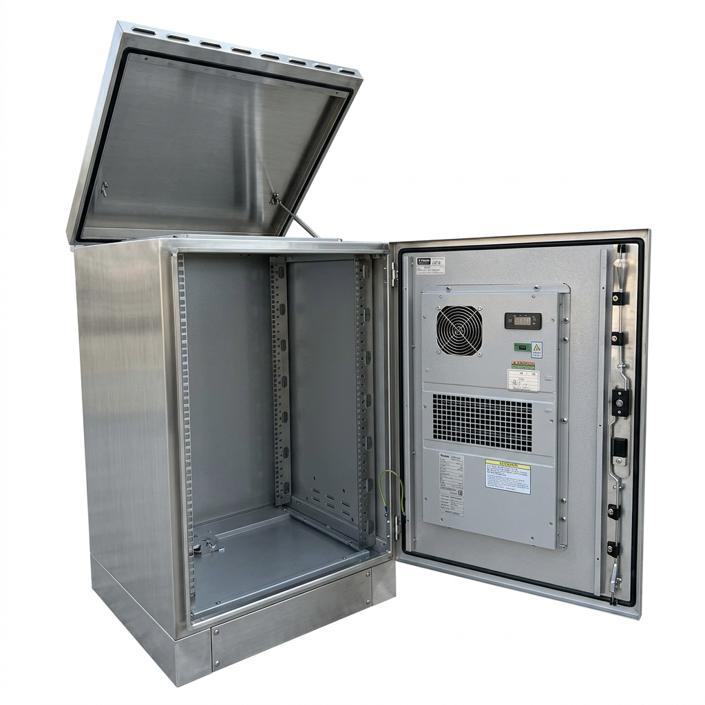 26U stainless steel network cabinet with open door and built in air conditioner
