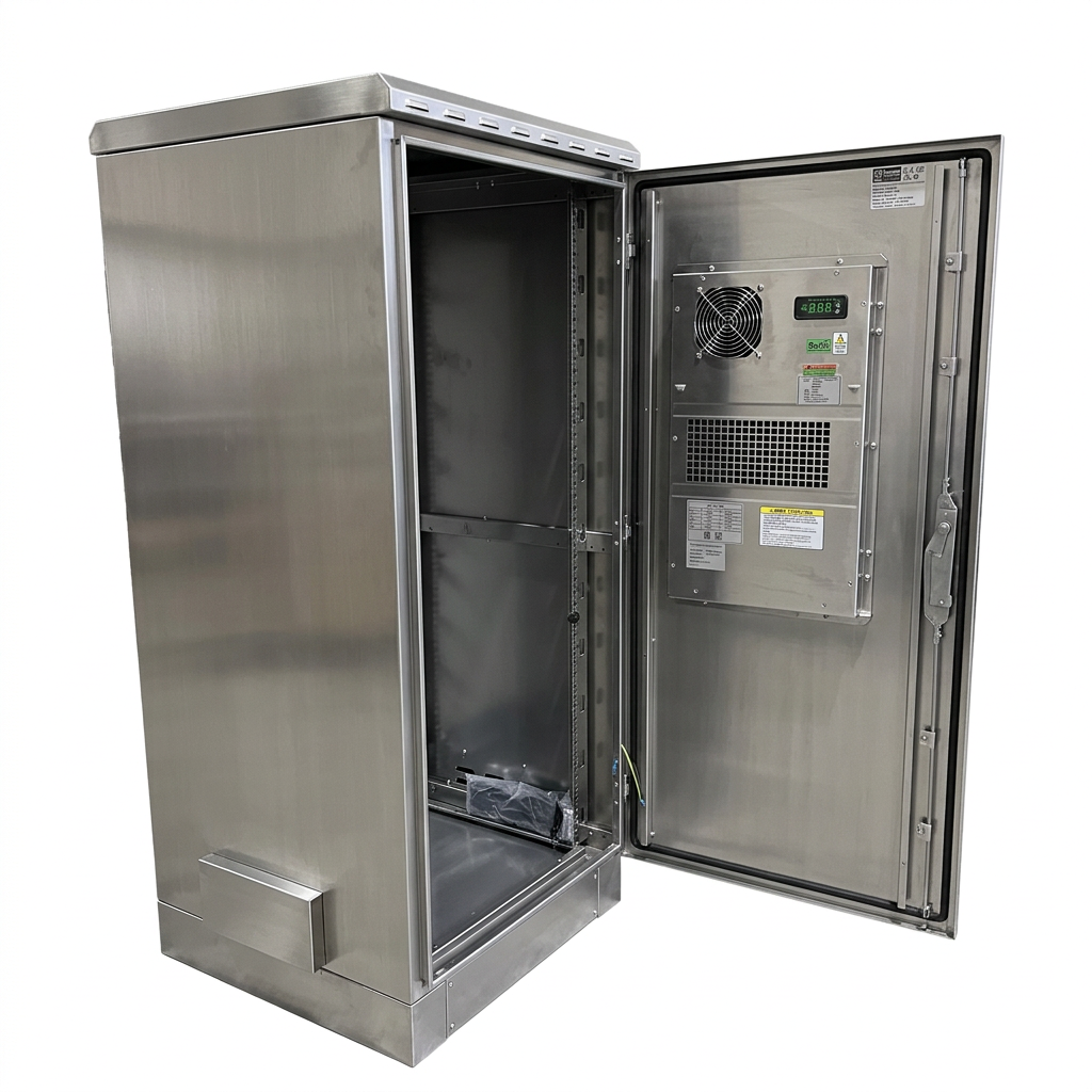 26U stainless steel network cabinet with open door revealing the cooling system