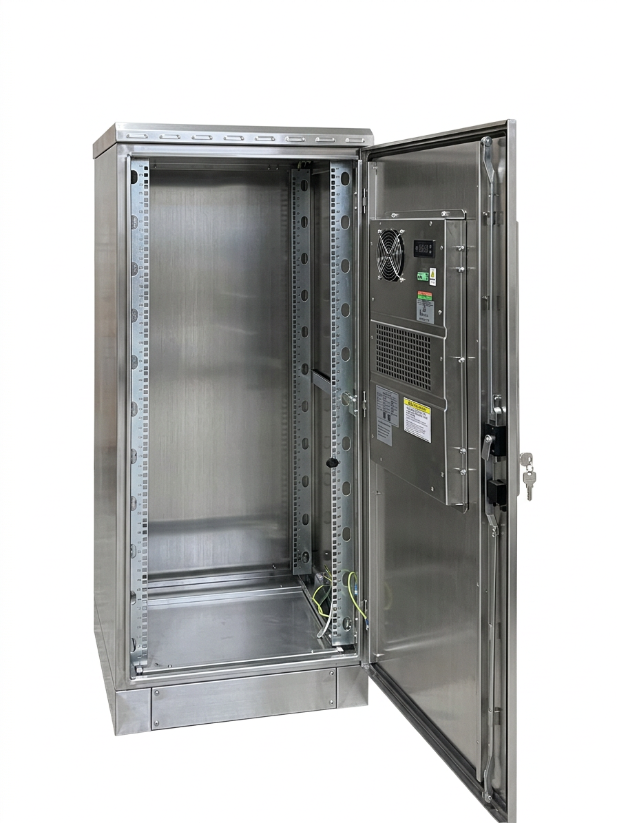 32U stainless steel network cabinet with open door and adjustable rack rails