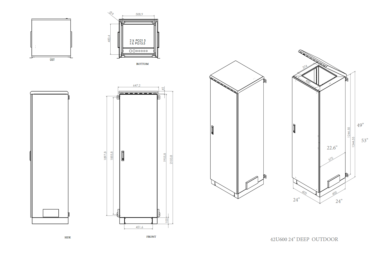 42U outdoor network cabinet IP66 rated for telecom fiber servers with pole wall mount.