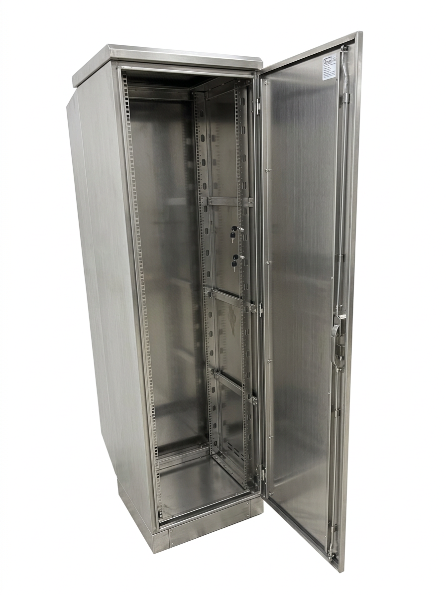 42U stainless steel network cabinet with open door and full height rack rails
