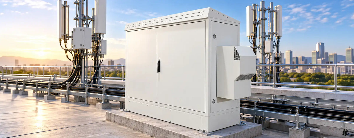 5G Network Cabinet with STURDX STURDX 5G network cabinet with side-mounted air conditioner on a rooftop cellular site