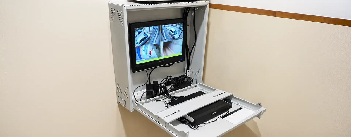 CCTV DVR Enclosure CCTV DVR enclosure with fold-down shelf holding a recorder, network switch and surveillance monitor