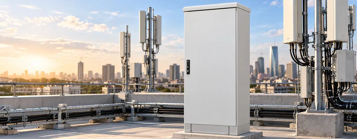 IP66 Telecom Network Cabinet IP66 telecom network cabinet installed on a rooftop next to 5G antenna masts