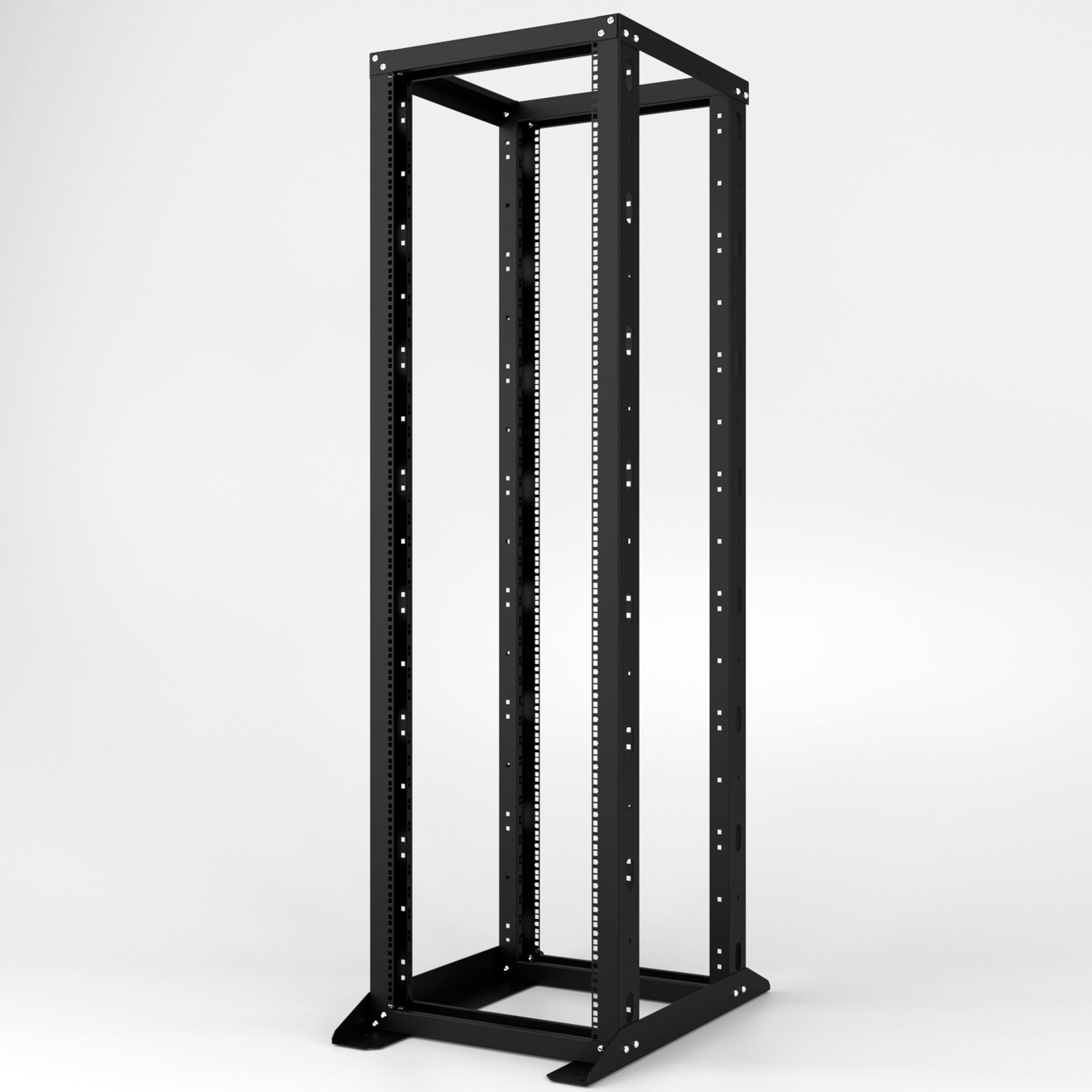 Open type server rack with adjustable floor mount and thick steel build.