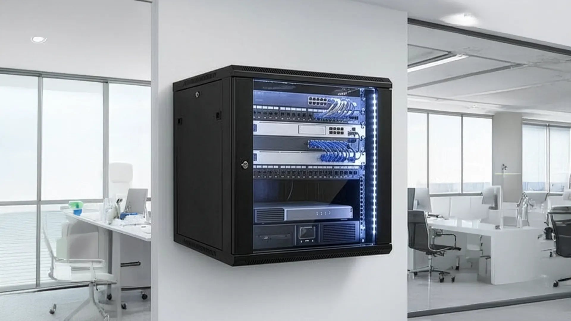 Organizing wall mount data rack solutions are shown to improve structured network layouts.