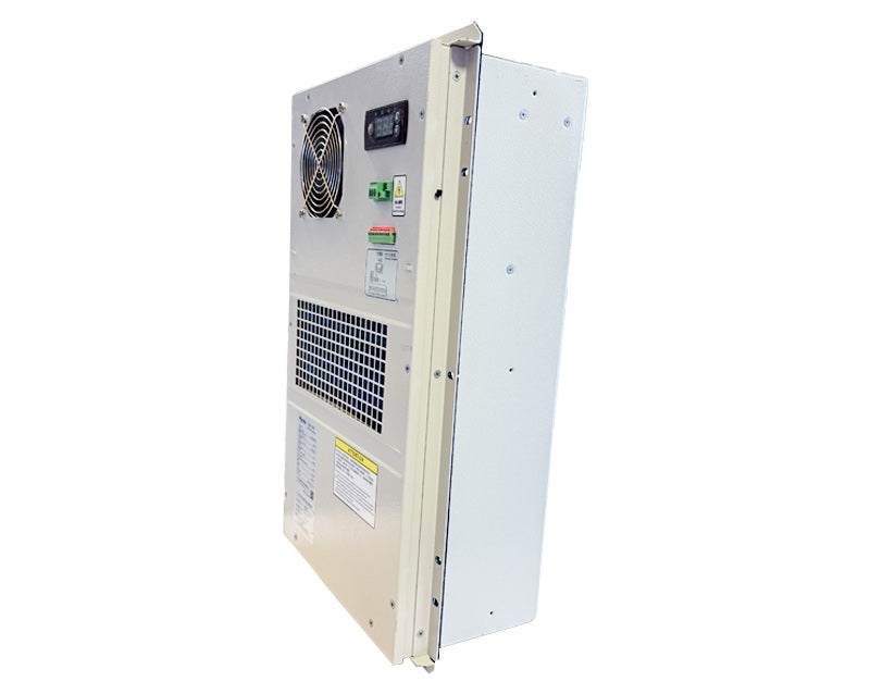Outdoor IP66 network cabinet with A/C, heater, and cooler for telecom systems.