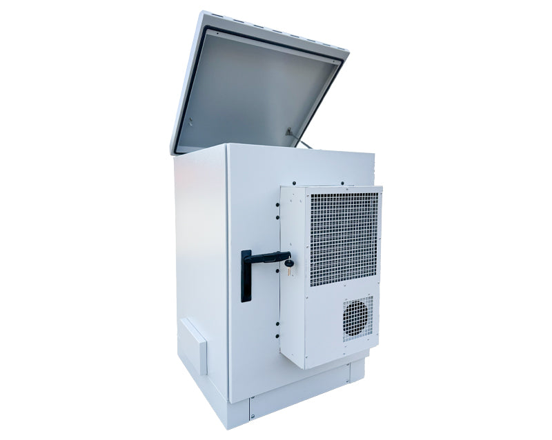 Outdoor network cabinet enclosure with AC unit, designed for secure outdoor installations.