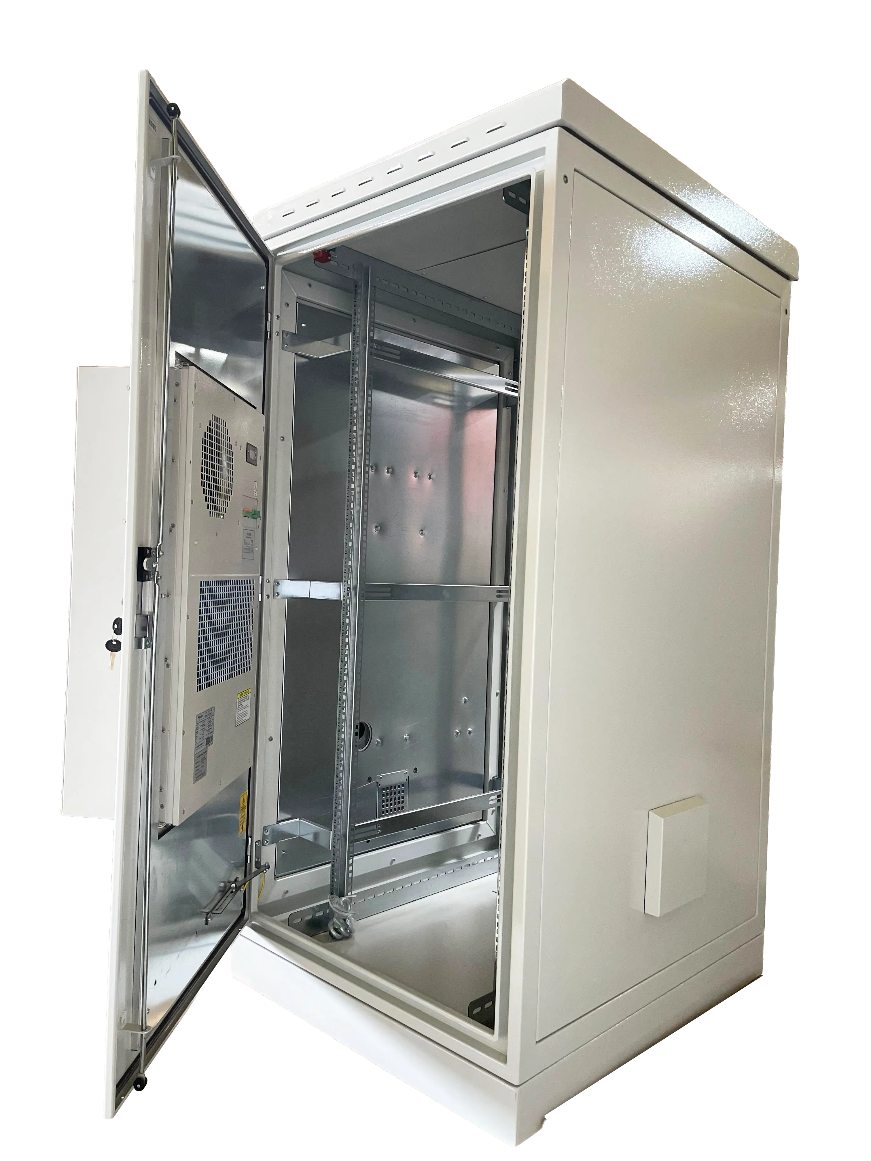 Outdoor server enclosure with remote monitoring and HVAC support for temperature control.