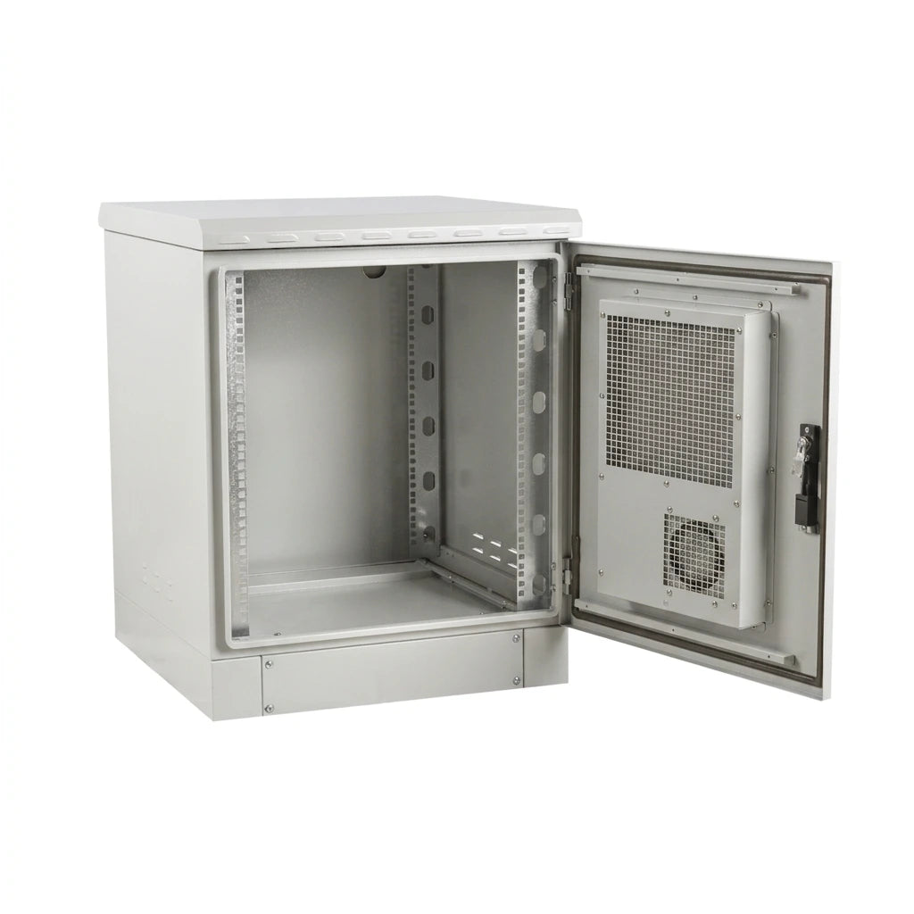 Outdoor server rack cabinet with the door open and an air conditioner fitted