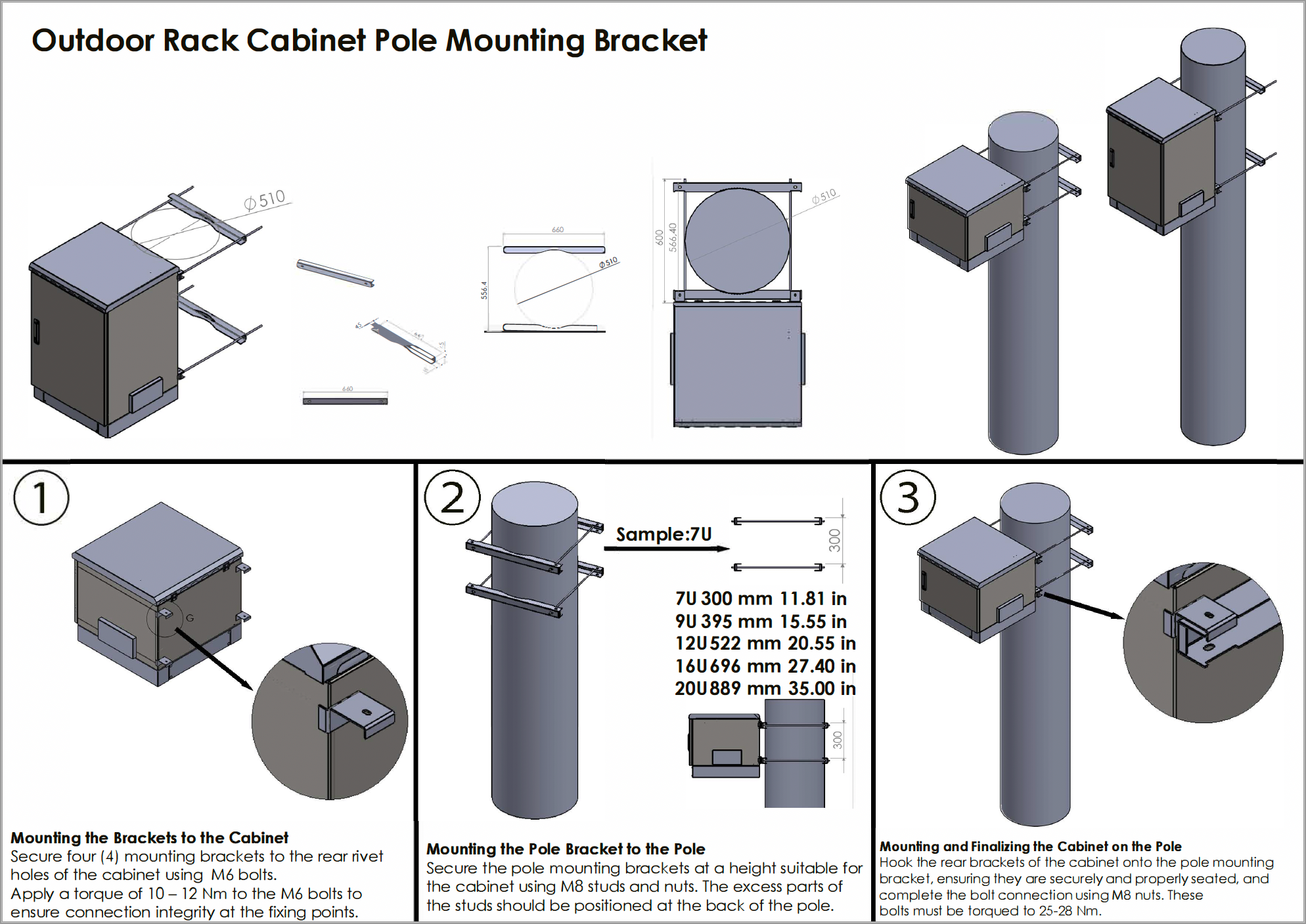 Heavy duty Pole Mount Bracket Set for 24" STURDX Outdoor Cabinets, fits poles up to 20" diameter.