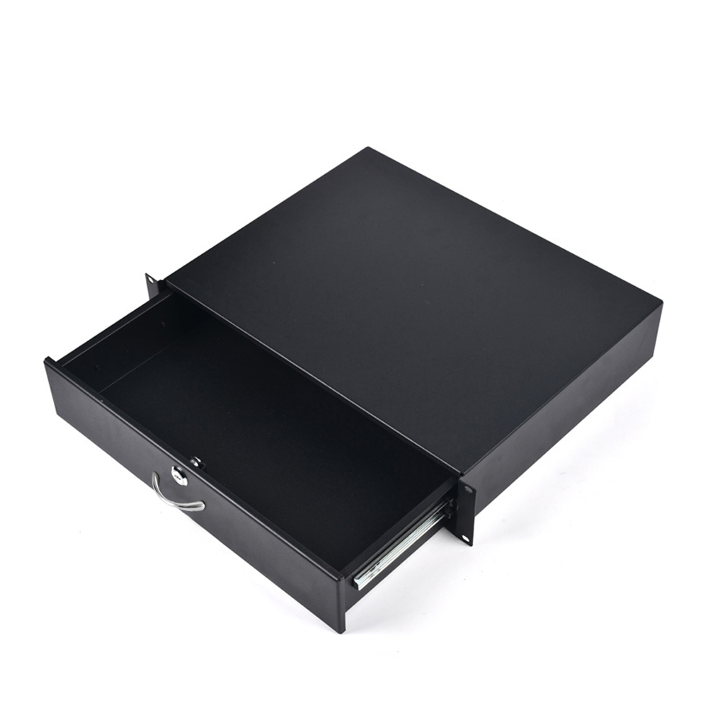 Secure lockable rack mount storage drawer for safe equipment organization.