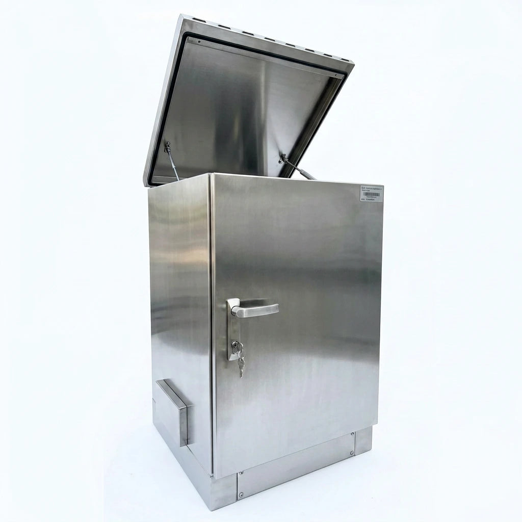 Stainless steel lockable electrical cabinet with the door open for access
