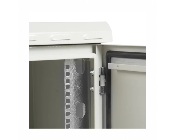 Front door and top lid open on a STURDX 16U galvanized steel outdoor network cabinet