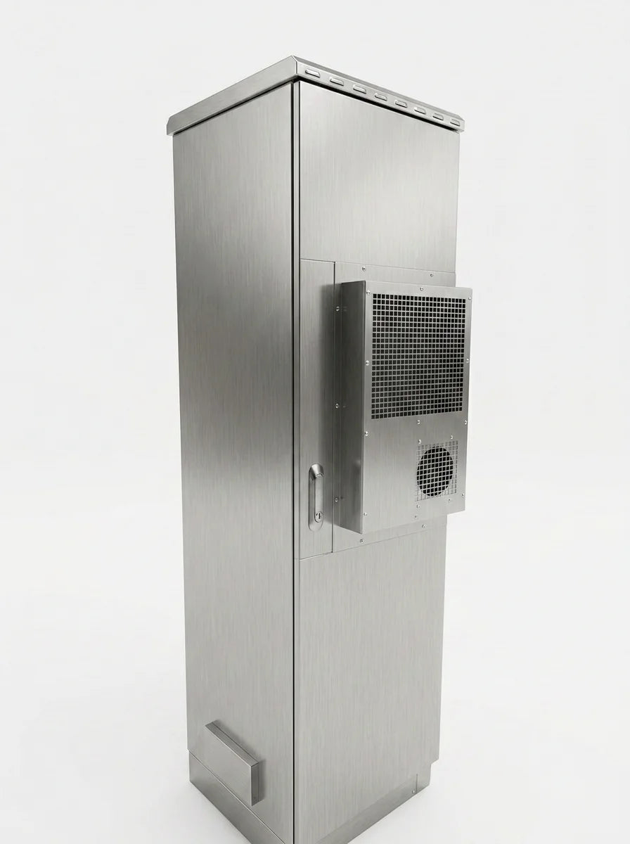 STURDX 42U outdoor cabinet in stainless steel with an air conditioner fitted