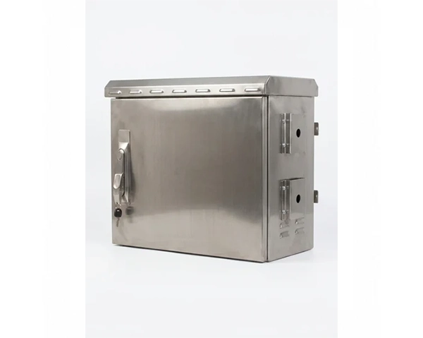 Closed 7U stainless outdoor cabinet at side angle with weatherproof locking handle
