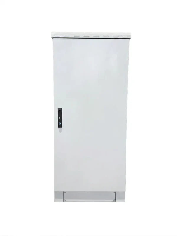 Galvanized outdoor rack cabinet exterior in a 32U height, side lit