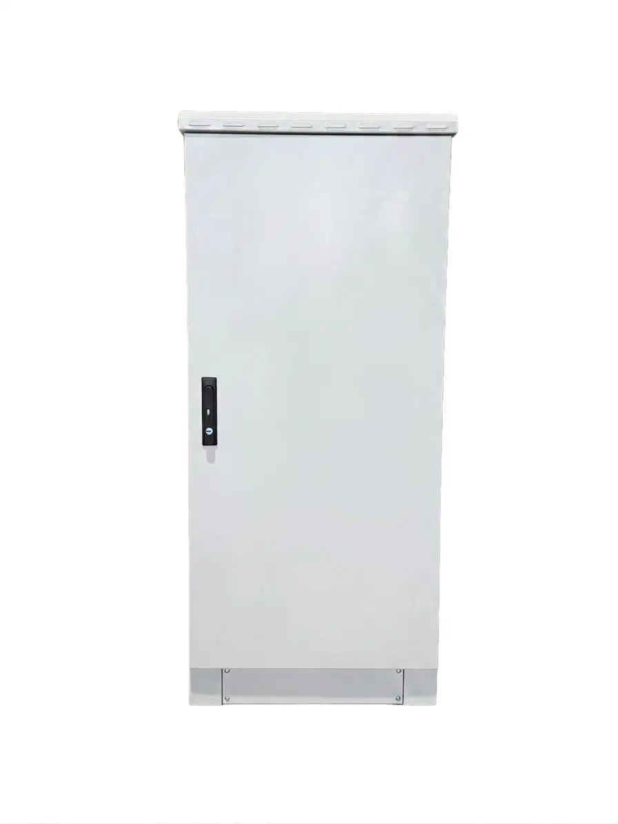 Galvanized outdoor rack cabinet in a 32U size, photographed outdoors