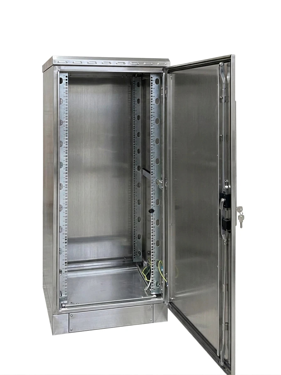Stainless outdoor rack enclosure interior view across the full 32U space