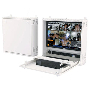 Caja DVR para montaje en pared y gabinete para equipos de red, gris claro | Riel de montaje ajustable de 1U, sistema de bloqueo seguro y puerta frontal plegable de 90 grados
