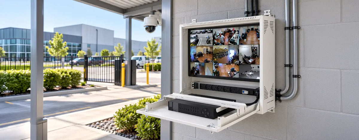 Weatherproof DVR Box Weatherproof DVR box mounted on an exterior wall of a commercial building with CCTV monitor and recorder