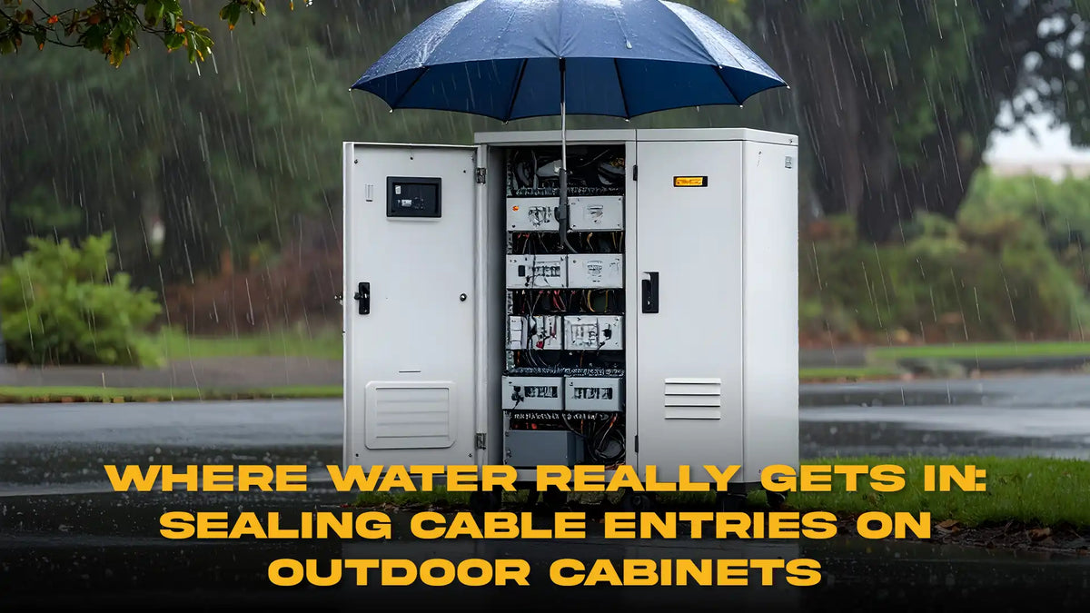 Outdoor network cabinet under an umbrella in heavy rain, showing why sealing cable entries matters