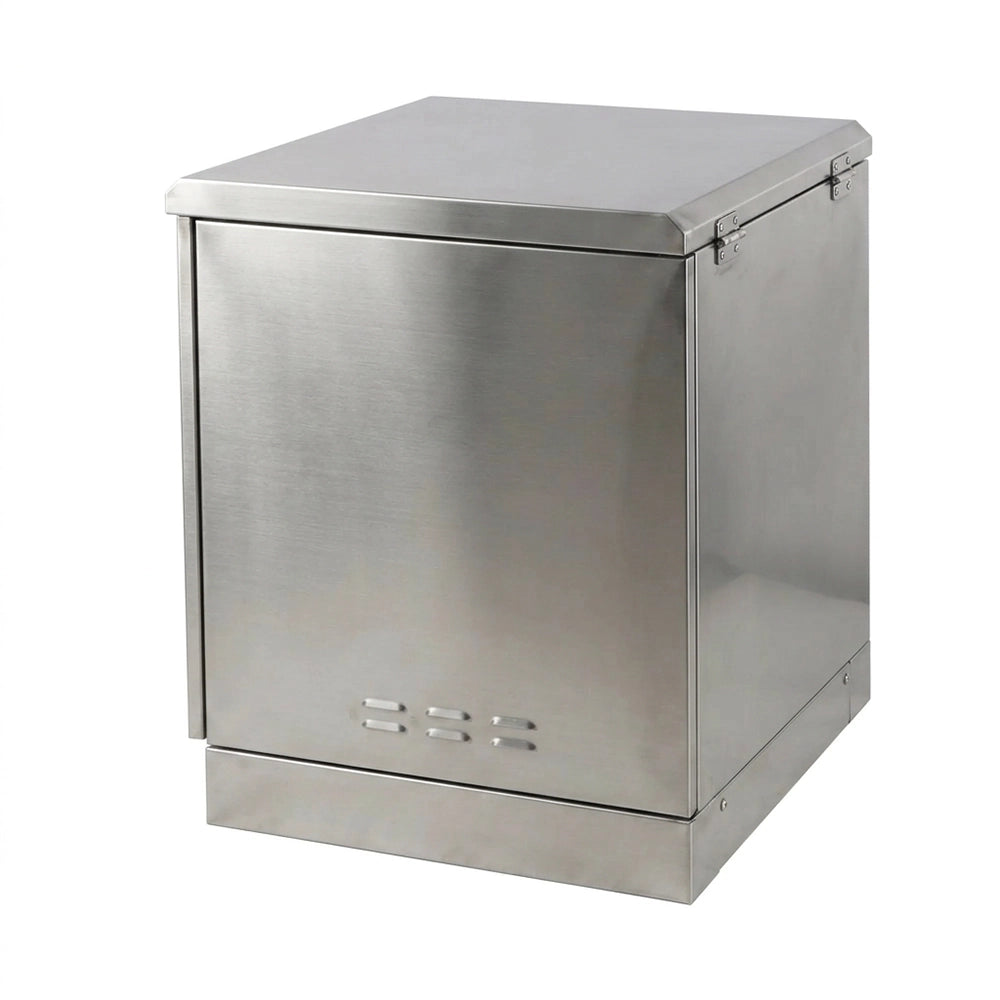 Side view of a vented 12U stainless steel outdoor network cabinet