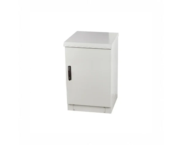 Rear three quarter view of STURDX 16U galvanized steel outdoor network cabinet, 19-inch rack