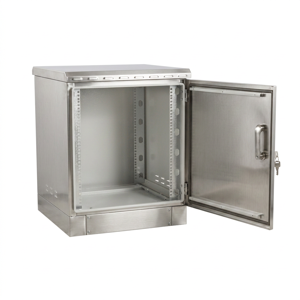 16U stainless steel network cabinet with open door and rack rails
