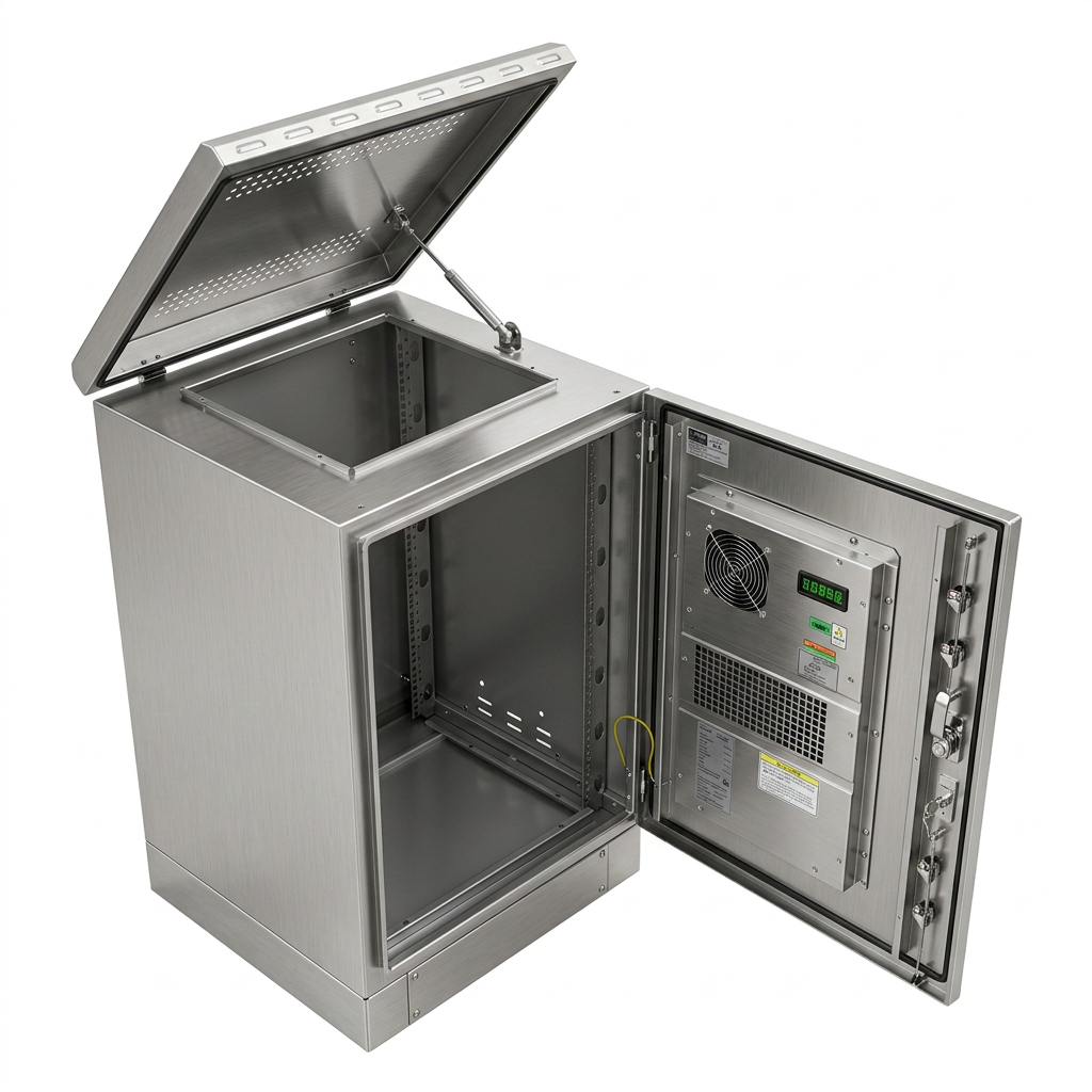 16U stainless steel network cabinet with open lid and door showing interior