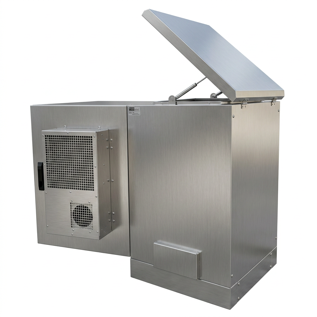 16U stainless steel network cabinet open lid exposing side vents
