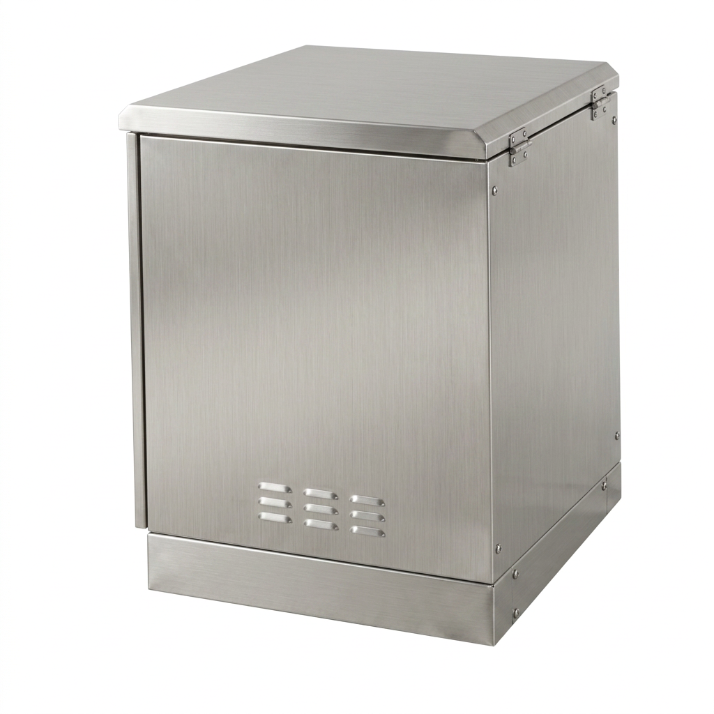 Front angle view of a 16U stainless steel outdoor network cabinet