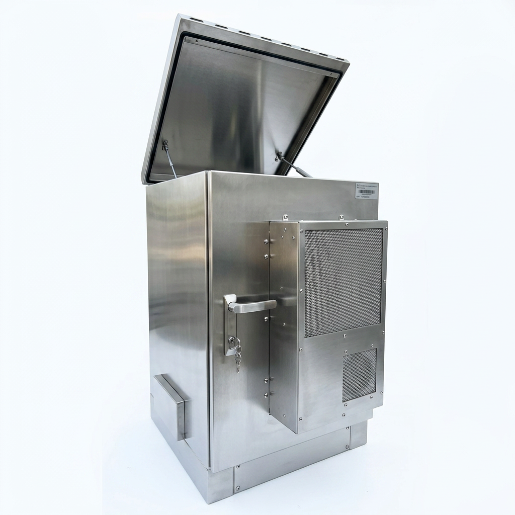 20U stainless steel network cabinet with open lid and ventilation panel