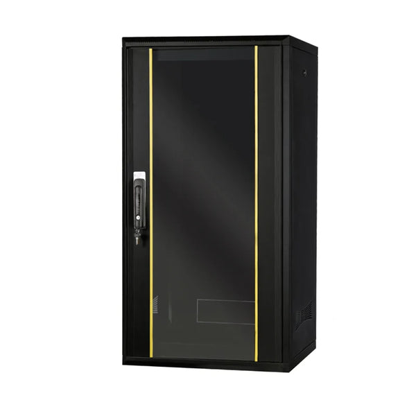 Secure 24U floor standing server rack cabinet with lockable front glass for network equipment.
