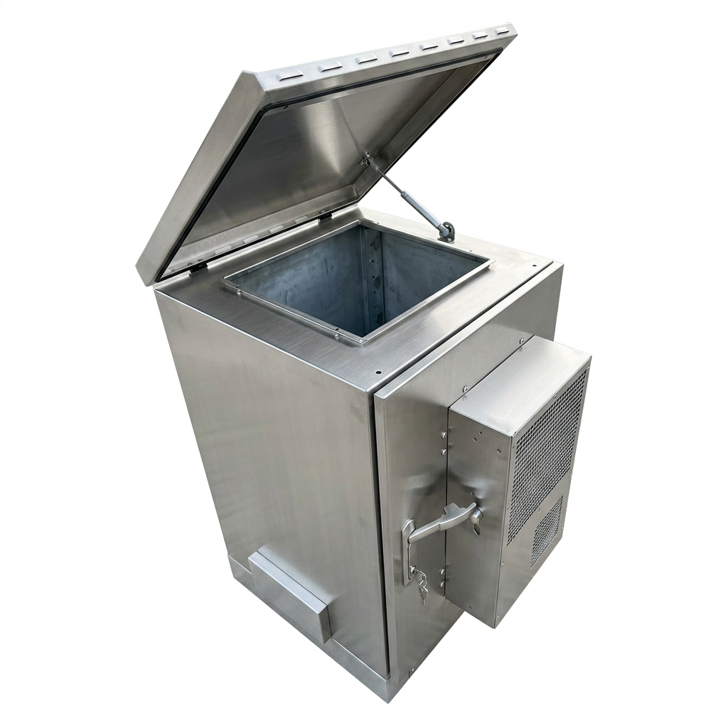 26U stainless steel network cabinet with open lid revealing interior layout