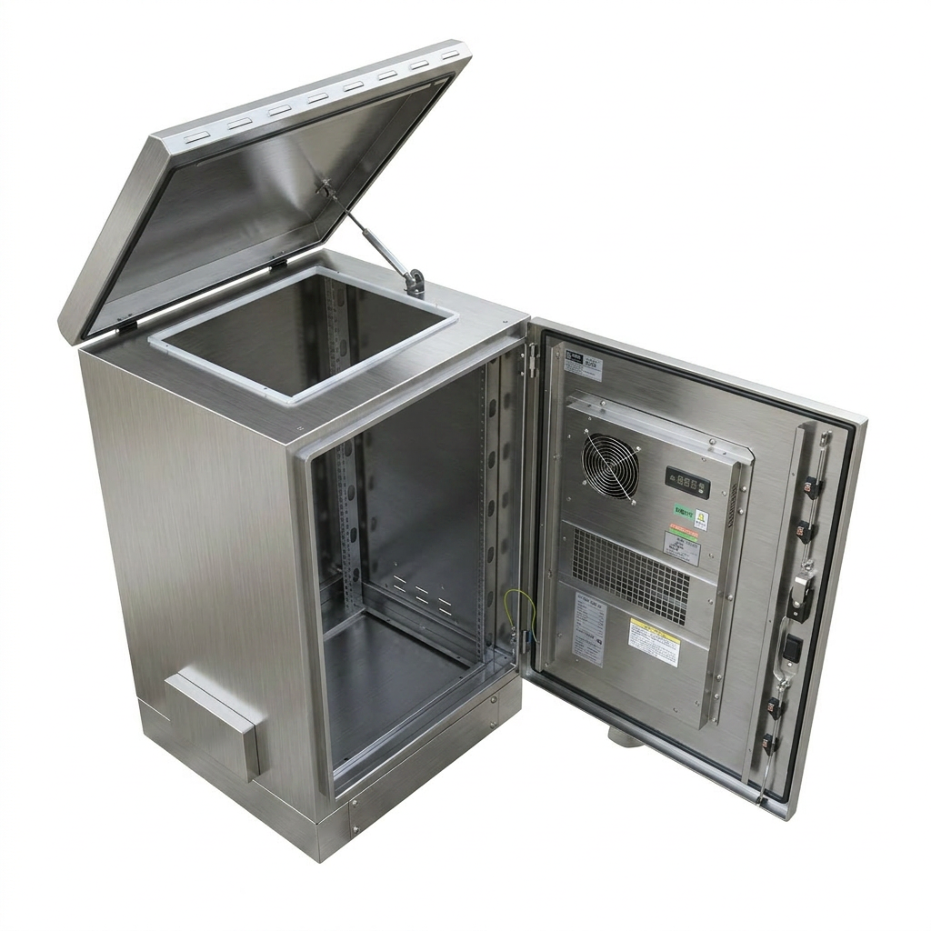 26U stainless steel network cabinet with open lid and door showing interior