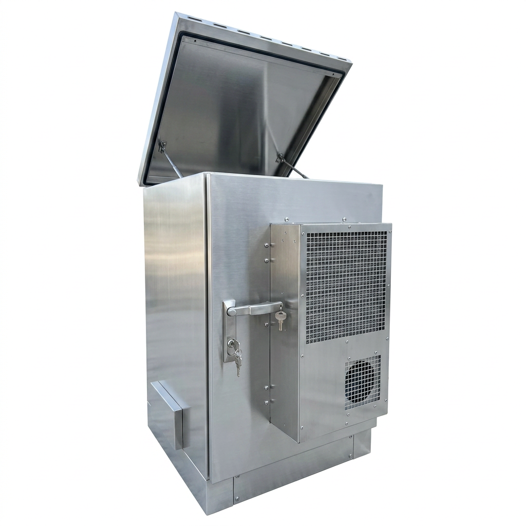 26U stainless steel network cabinet open lid exposing side vents