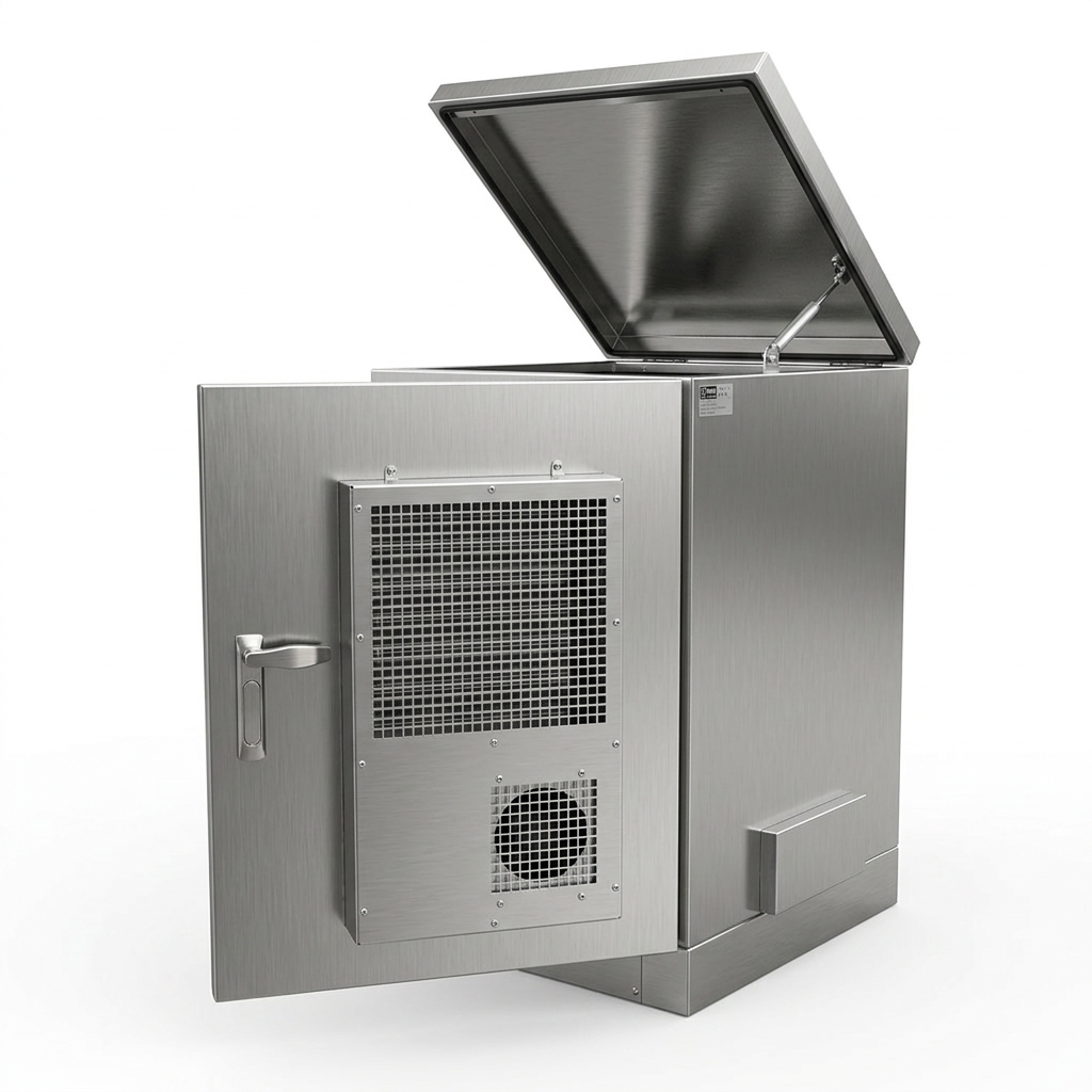 26U stainless steel network cabinet with open lid and ventilation panel