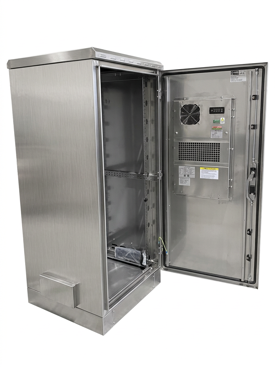 32U stainless steel network cabinet with open door and built in air conditioner
