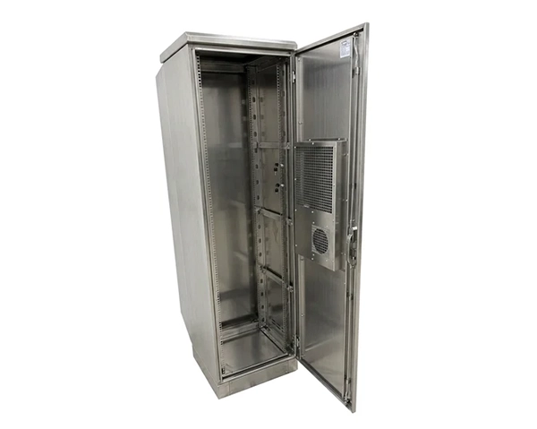 Open door view of the 19-inch mounting rails inside a 42U stainless outdoor cabinet