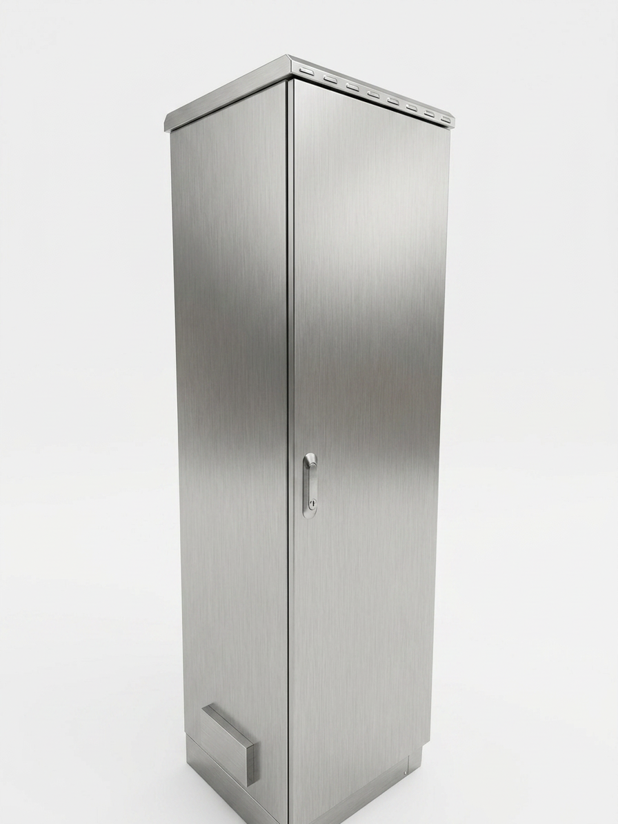 Front angle view of a 42U stainless steel outdoor network cabinet
