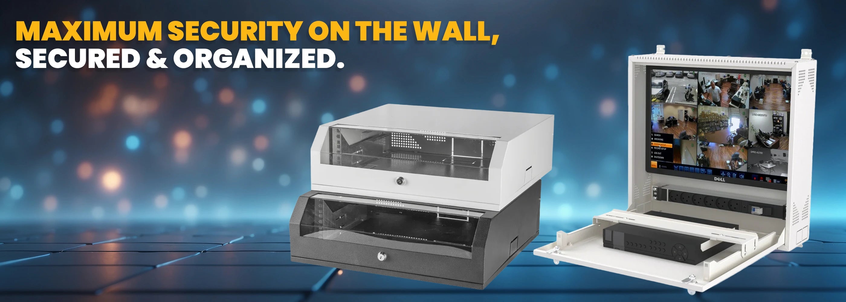 Maximum security on the wall for your critical devices is illustrated with secure enclosures.