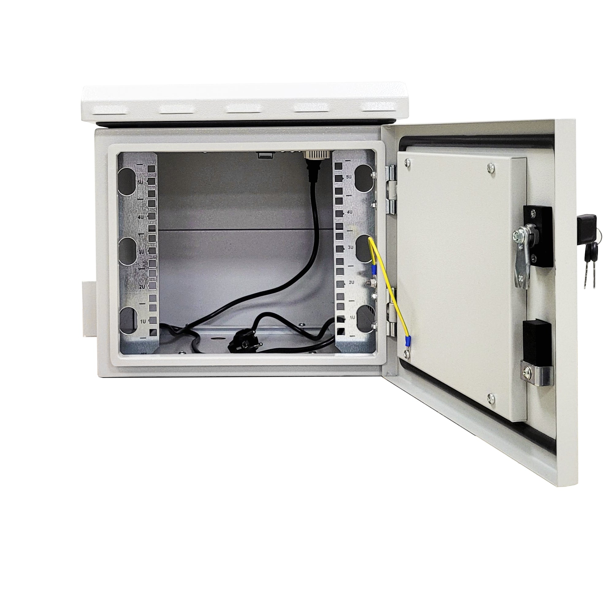Durable mini pole-type outdoor rack for securely housing network equipment.