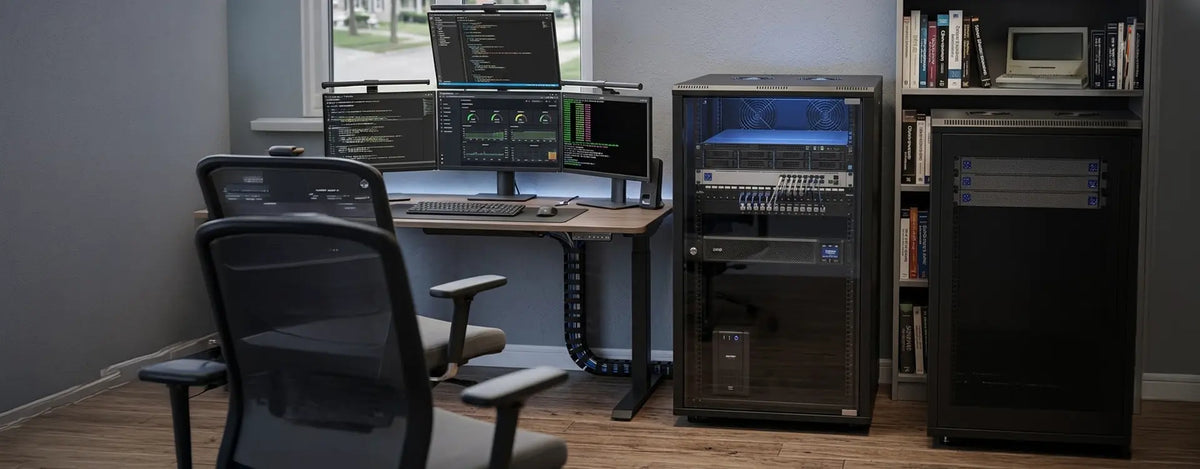 Homelab rack or small residential IT cabinet with floor-standing enclosed server racks beside a home office desk